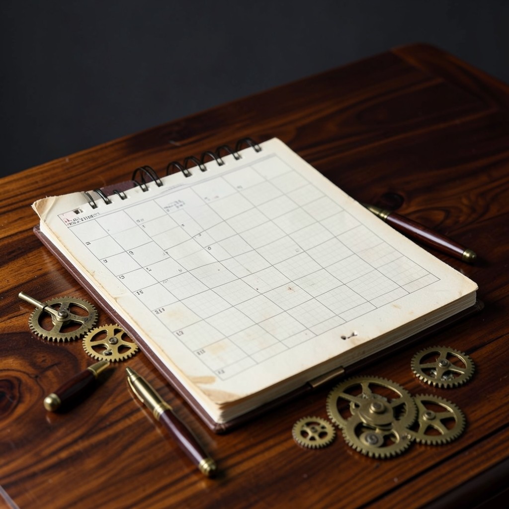 Calendario laboral sobre escritorio con elementos mecánicos de latón