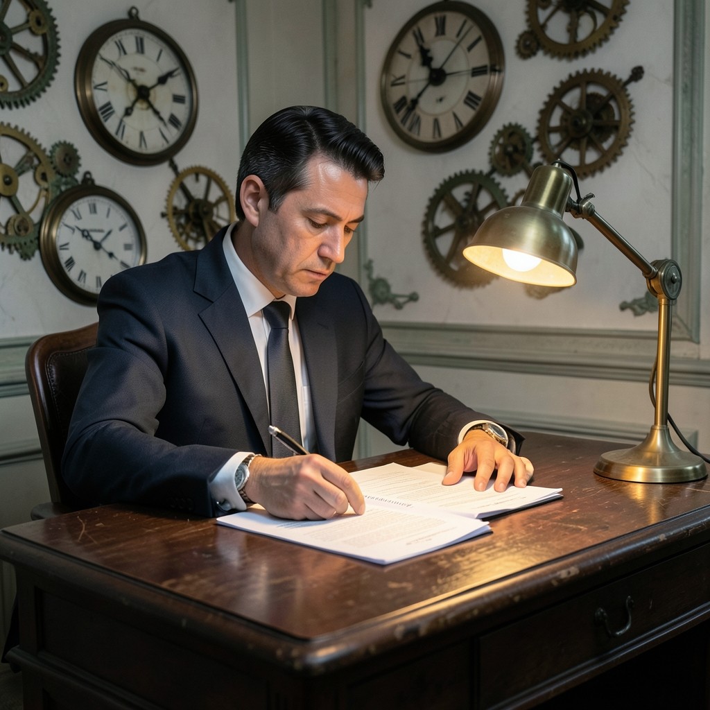 Consultor laboral revisando un convenio colectivo en un despacho con acabados en latón y madera
