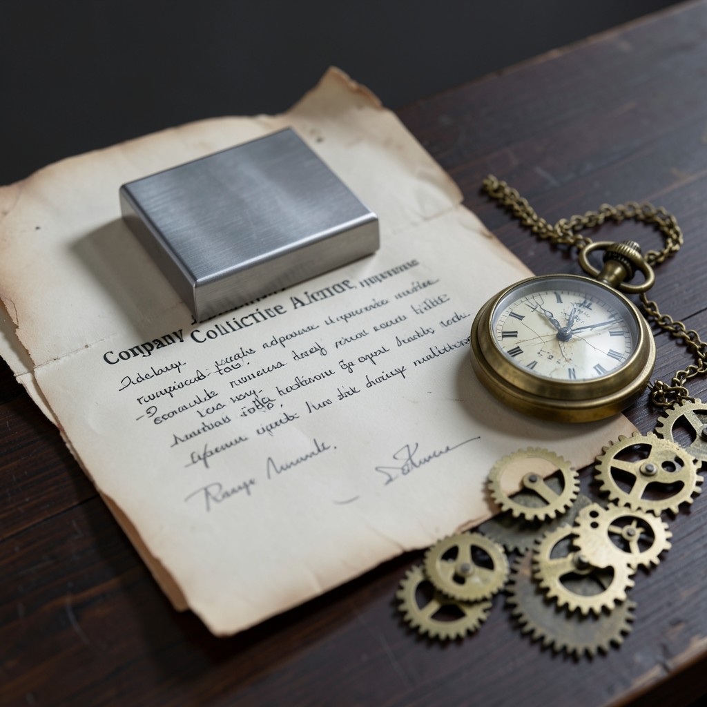 Acuerdo colectivo de empresa firmado junto a reloj mecánico antiguo